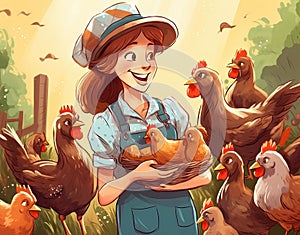 young girl feeding chickens cartoon flat illustration, generative ai