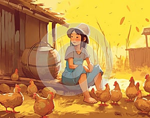 young girl feeding chickens cartoon flat illustration, generative ai