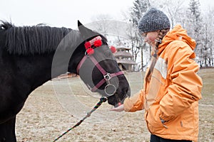 Young girl feeding a horse