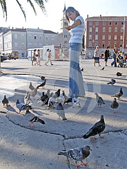 Young girl feeds the pigeons on the street