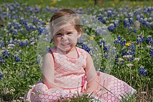 Young Girl in Field of Blue Bonnet Flowers