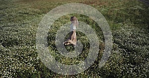 Young girl in a field of chamomiles