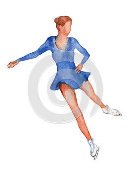 Young girl figure skater in a blue dress gliding on ice. Watercolor illustration.
