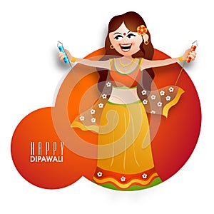 Young girl with firecracker for Diwali celebration.