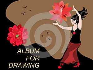 Young girl with fluttering black hair is dancing flamenco with a red sun in the shape of lily flowers against a golden sunset sky