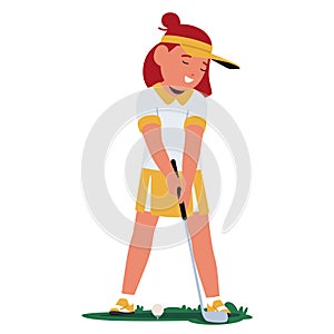 Young Girl With Focused Determination Practices Her Golf Swing, Clad In Sporty Attire Amidst The Lush, Green Golf Course