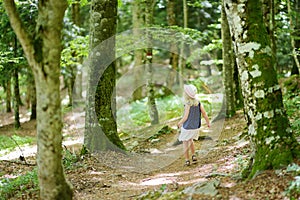 Young girl following a footpath around La Verna Sanctuary, Chiusi della Verna, in Casentino secular forest, one of the largest