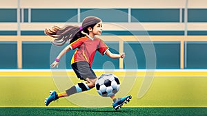 A young girl football player in colors of national spain football team plays with her feet a soccer ball. illustrations