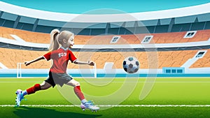 A young girl football player in colors of national spain football team plays with her feet a soccer ball. illustrations