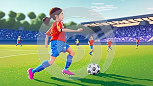 A young girl football player in colors of national spain football team plays with her feet a soccer ball. illustrations