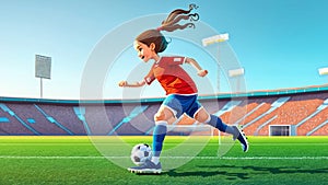 A young girl football player in colors of national spain football team plays with her feet a soccer ball. illustrations