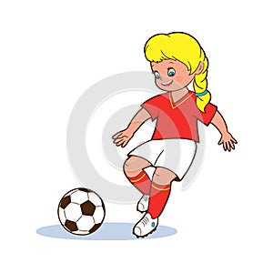 A young girl football player plays with her feet a soccer ball. Isolated vector illustrations in cartoon style