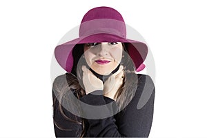 Young girl with garnet on white background