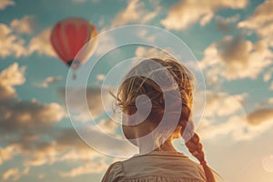 Young girl gazes at a colorful hot air balloon against a sunset sky silhouette