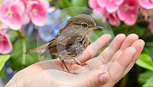 Young girl gently holding small bird, portraying animal protection and care concept