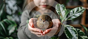 Young girl gently holding small bird, symbolizing care for animals and promoting animal welfare