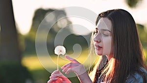 A young girl gently looks at the dandelion flower.