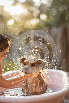 Young Girl Giving Her Adorable Small Dog a Bath in a Sunny Garden with Water Droplets in the Air