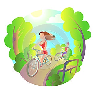 Young girl and the guy on a bike ride in the park. Activity outdoor sports. Cyclists travel