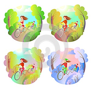 Young girl and the guy on a bike ride in the park. Activity outdoor sports. Riding bicycle at any time - spring, summer