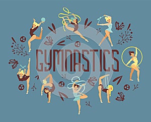 Young girl gymnast exercise sport athlete vector illustration. Training performance strength gymnastics balance people