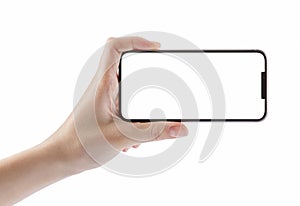 Young girl hand holding black smartphone on white clipping path
