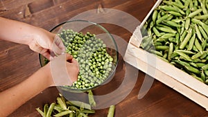 Young girl hands shelling peas into glass bowl