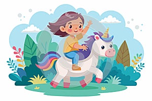 A young girl happily rides on the back of a white horse, Toddler riding unicorn Customizable Flat Illustration