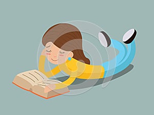 Young girl happy smiling reading book lying on floor Characters Icon Symbol Stylish Isolated cartoon Design Concept