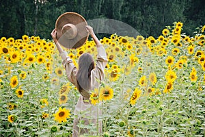 Young girl in a hat on a field of sunflowers