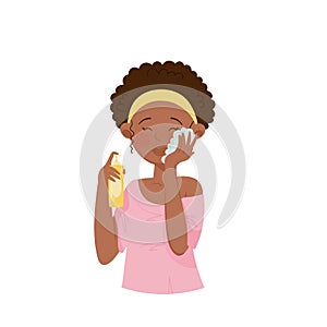 Young Girl with Headband Washing Face with Cosmetic Lotion or Facial Wash Vector Illustration