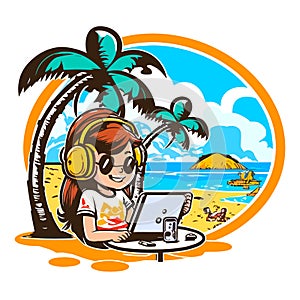 A young girl with headphones and a notebook plays a game on a sandy beach by the sea. Leisure and holidays. Cartoon vector