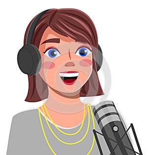 Young girl with headphones singing a song or talking to a microphone vector illustration