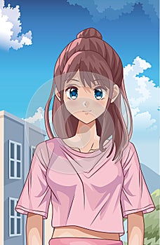 Young girl hentai style character outdoor scene