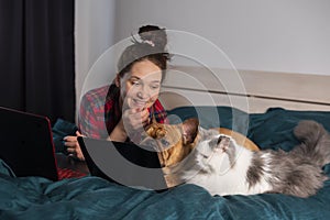 Young girl, her dog french bulldog and fluffy cat work at home in bed during quarantine