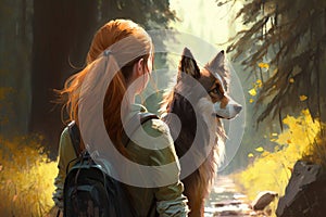 Young girl hiking through the forest with her dog, illustration AI