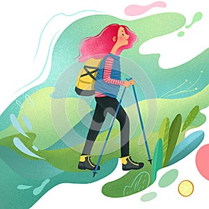 Young girl hiking, raster illustration