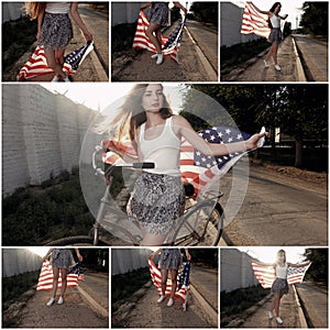 Young girl holding americam stars and stripes flag in her hands outdoor collage retro color toned