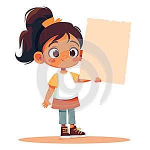 Young girl holding blank sign, cheerful child presenting poster, cartoon female character empty