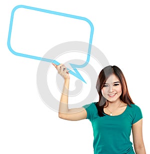 Young girl holding blank text bubble in specs