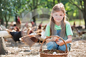 Young girl holding chicken eggs  from a wicker basket on a farm with chickens in the background