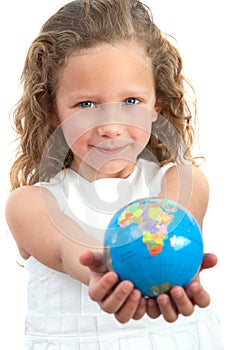 Young girl holding earth sphere.
