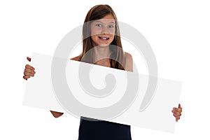 Young girl holding an empty banner with copyspace