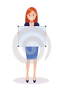 A young girl is holding an empty poster, a poster, a sign, a board. Vector illustration