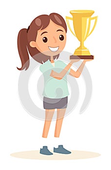 Young girl holding a gold trophy, celebrating a win with a big smile. Child achiever showing her prize for success