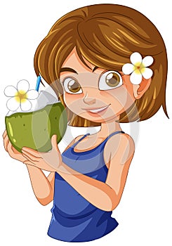 Young girl holding a green coconut drink