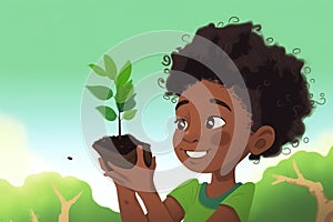 A young girl holding a plant in her hands. AI generative image