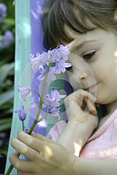 A young girl holding a stem of bluebell flowers