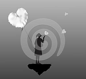 Young girl holding the white cloud heart, Valentines day, romantic time in dreamland, black and white,