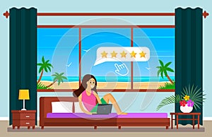 A young girl on holiday in Egypt, in the hotel room rates the quality of service at the hotel by 5 stars. Positive feedback on the